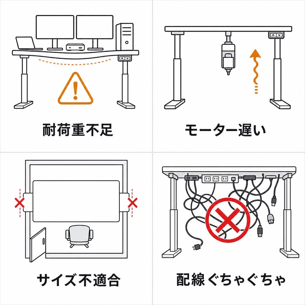 電動昇降デスクの失敗パターン4類型 — シングルモーター・耐荷重不足・サイズ搬入不可・配線ぐちゃぐちゃ