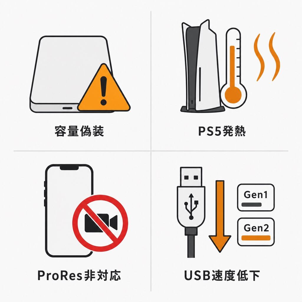 外付けSSDの失敗パターン4類型 — 容量偽装・PS5発熱・ProRes非対応・USB速度低下