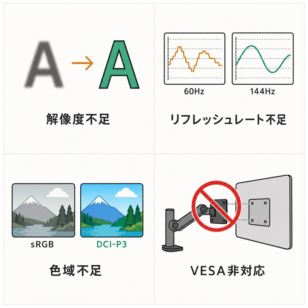 モニター購入の失敗パターン4類型 — 解像度不足・リフレッシュレート不足・色域不足・VESA非対応